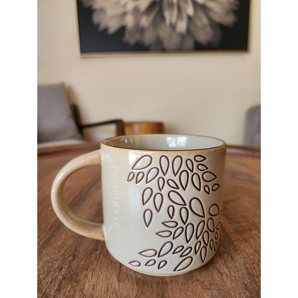 2013 Starbucks Fall Embossed Brown Leaf Pattern Coffee Cup Tea Mug | 16oz